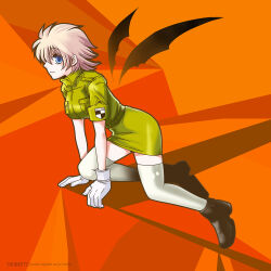  1girl artist_name black_boots black_wings blonde_hair blue_eyes boots breasts detached_wings full_body grey_thighhighs hellsing jacket kneeling large_breasts seras_victoria short_hair sideways_glance skirt smile solo thigh-highs third-party_source toshimichi_yukari web_address wings yellow_jacket yellow_skirt zettai_ryouiki 
