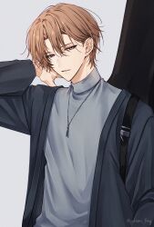  18trip 1boy black_jacket brown_hair commentary grey_background grey_eyes grey_shirt hair_between_eyes hand_up highres instrument_case instrument_case_on_back jacket jewelry long_sleeves looking_at_viewer male_focus nanamegi_nanaki necklace open_clothes open_jacket parted_lips shirt short_hair simple_background turtleneck upper_body yukiomi_frog 