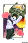  1girl arms_behind_head blonde_hair breasts cleavage cleavage_cutout heart helmet imp long_hair midna neocoill open-chest_sweater open_mouth red_eyes ribbed_sweater smile solo sweater the_legend_of_zelda turtleneck twilight_princess yellow_sclera 