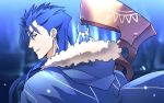  1boy blue_hair cape caster_(fate/grand_order) fate/grand_order kon_manatsu lancer long_hair ponytail solo staff violet_eyes 