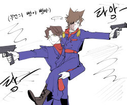  2boys aiming animification antenna_hair bandaged_neck bandages black_boots blue_coat boots brown_hair burn_scar carrying child_carry coat commentary_request curtained_hair drawstring eddsworld eko_endure epaulettes expressionless eyepatch grey_eyes gun hair_ears handgun holding holding_gun holding_weapon hood hood_down hoodie korean_commentary korean_text long_coat long_sleeves male_focus military_coat military_uniform multiple_boys name_tag patryck_(eddsworld) protected_link red_hoodie red_leader_(eddsworld) red_sweater scar short_hair simple_background sweater tord_(eddsworld) translation_request turtleneck weapon white_background yellow_eyes 