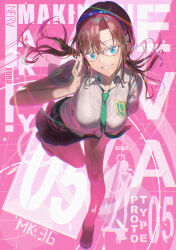  1girl adjusting_eyewear bent_over black_skirt blue_eyes blue_hairband breasts brown_hair character_name collared_shirt evangelion:_2.0_you_can_(not)_advance floating_hair full_body glasses green_necktie grin hairband highres long_hair looking_at_viewer low_twintails makinami_mari_illustrious medium_breasts miniskirt necktie neon_genesis_evangelion pink_background rebuild_of_evangelion revision school_uniform shirt shoes skirt smile solo soramiruku standing standing_on_one_leg twintails white_shirt 