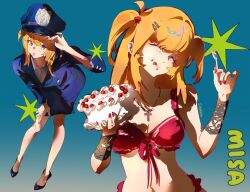  absurdres amane_misa artist_name bare_legs bikini blonde_hair blue_eyes blush breasts cake closed_eyes cream cream_on_face cross cross_necklace death_note eating english_commentary english_text fingernails food food_on_face hair_between_eyes hair_ornament hairclip hat high_heels highres holding holding_cake holding_food holding_spoon jewelry long_fingernails medium_breasts multiple_views navel necklace peaked_cap police police_badge police_uniform red_bikini red_nails single_bare_shoulder skull skull_hair_ornament spoon swimsuit tongue twintails vaiycee 