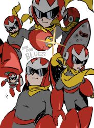  1boy 24guyh arm_cannon bodysuit closed_mouth commentary_request floating_scarf grey_bodysuit helmet male_focus mega_man_(classic) mega_man_(series) multiple_views proto_man red_helmet scarf shield shield_on_back simple_background sunglasses weapon white_background yellow_scarf 