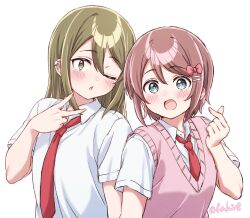  2girls ;o aqua_eyes artist_name blush bow brown_eyes brown_hair collared_shirt commentary earclip finger_heart fuusuke_(fusuke208) hair_bow hair_ornament hairclip highres long_hair looking_at_viewer multiple_girls necktie one_eye_closed open_mouth parted_lips pink_bow pink_sweater_vest red_necktie shirt short_hair simple_background sweater_vest twitter_username untranslatable_commentary upper_body v white_background white_shirt yowa_yowa_sensei 