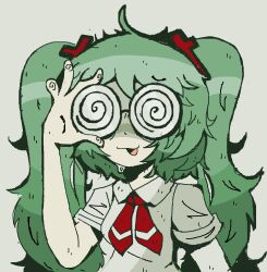  1girl :3 @_@ adjusting_eyewear ahoge ascot coke-bottle_glasses collared_shirt confessions_of_a_rotten_girl_(vocaloid) cross_hair_ornament fingerprint fujoshi glasses green_hair grey_background hair_ornament hatsune_miku highres iluvrabbitz long_hair messy_hair opaque_glasses pale_skin red_ascot round_eyewear school_uniform shirt short_sleeves solo spiral sweat twintails very_long_hair vocaloid white_shirt wrinkled_fabric 
