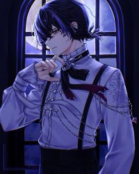  18trip 1boy black_hair black_nails black_ribbon brooch closed_mouth commentary cowboy_shot flower_brooch frilled_shirt_collar frilled_sleeves frills hair_between_eyes hand_up highres indoors jewelry kinugawa_kiroku long_sleeves looking_at_viewer male_focus moon multicolored_hair ponytail ribbon shirt short_hair short_ponytail solo streaked_hair untranslatable_commentary white_shirt yukiomi_frog 