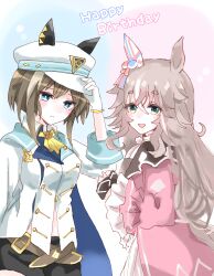  2girls animal_ears ascot black_shorts blue_cape blue_eyes blush breasts brown_hair cape cheval_grand_(grand_itineraire)_(umamusume) cheval_grand_(umamusume) coat commentary_request dress ear_covers ears_through_headwear gloves grey_hair hair_between_eyes happy_birthday hat hat_belt highres horse_ears horse_girl horse_tail jacket long_hair medium_breasts midriff_peek mokuroo multicolored_hair multiple_girls off-shoulder_coat off_shoulder open_mouth parted_lips peaked_cap pink_coat pink_dress pink_jacket shorts single_ear_cover single_glove smile streaked_hair tail umamusume white_hair white_hat white_jacket wonder_acute_(butterfly_sting)_(umamusume) wonder_acute_(umamusume) yellow_ascot 