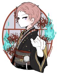  1boy closed_mouth commentary_request cropped_torso ensemble_stars! flower flower_request hand_up highres itsuki_shu japanese_clothes kimono looking_at_viewer male_focus mani_(pukakaka09) official_alternate_costume pink_hair school_festival_tamayori's_haunted_dollhouse_(ensemble_stars!) short_bangs short_hair simple_background solo twitter_username violet_eyes white_background 