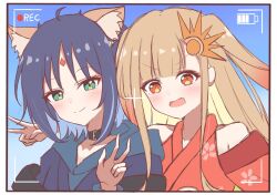  2girls animal_ears bare_shoulders battery_indicator black_choker black_hair blonde_hair blue_hair blush cho_kaguya-hime! choker commentary detached_sleeves fang forehead_jewel fox_ears green_eyes hair_ornament kaguya_(cho_kaguya-hime!) long_sleeves looking_at_viewer lop_rabbit_ears multicolored_hair multiple_girls open_mouth orange_eyes rabbit_ears sakayori_iroha short_hair smile sun_hair_ornament tunakou27 two-tone_hair upper_body v viewfinder w 
