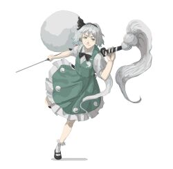  1010kman 1girl black_bow black_bowtie bow bowtie collared_shirt commentary_request full_body green_skirt green_vest highres konpaku_youmu konpaku_youmu_(ghost) shirt short_sleeves skirt solo touhou vest white_background white_hair white_shirt 