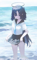  1girl absurdres alternate_costume beach black_skirt blue_archive blue_neckerchief blush chinese_commentary collarbone commentary halo highres holding_own_skirt horizon lan001 looking_at_viewer neckerchief open_mouth outdoors pleated_skirt purple_hair school_uniform serafuku shirt short_sleeves skirt solo thighs two_side_up white_shirt yuuka_(blue_archive) 