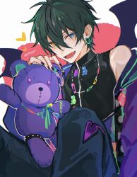  1boy animal_ear_piercing blue_eyes commentary earrings ensemble_stars! feature_scout_2_(ensemble_stars!) fingernails green_hair hair_between_eyes hand_up heart heterochromia hoop_earrings jewelry kagehira_mika layered_clothes looking_at_viewer male_focus multiple_necklaces nail_polish necklace official_alternate_costume open_mouth orange_eyes safety_pin short_hair simple_background stuffed_animal stuffed_toy teddy_bear teeth twitter_username untranslatable_commentary utahyaya wings 