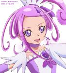  1girl 2014 aikawa_yousuke brooch bust choker cure_sword curly_hair dated dokidoki!_precure earrings female hair_ornament jewelry kenzaki_makoto magical_girl outstretched_arms precure purple_hair short_hair side_ponytail smile solo spade_hair_ornament spread_arms violet_eyes white_background 