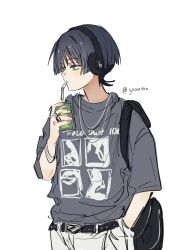  1boy alternate_costume arm_at_side backpack bag belt belt_buckle black_bag black_belt black_hair blunt_ends bright_pupils buckle casual contemporary crew_neck drinking drinking_straw expressionless genshin_impact grey_eyes grey_shirt grey_sleeves half-closed_eyes hand_in_pocket hand_up headphones highres holding looking_to_the_side male_focus pants scaramouche_(genshin_impact) shirt solo three-quarter_sleeves twitter_username upper_body white_background white_pants white_pupils wispy_bangs ysnden 