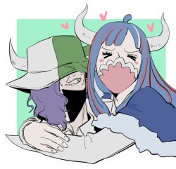  >_< 1boy 1girl ahoge blue_capelet blue_hair brother_and_sister capelet hair_over_one_eye heart horns hug mask mouth_mask multicolored_hair one_piece page_one_(one_piece) pink_streaks purple_hair raine_(acke2445) siblings streaked_hair sweatdrop ulti_(one_piece) white_horns 