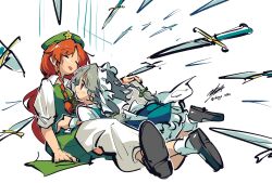  2girls beret black_shoes bow braid closed_mouth commentary_request doggo_1d34 dress green_bow green_hat green_vest grey_hair hair_bow hat hat_ornament highres hong_meiling hug izayoi_sakuya knife long_hair maid maid_day maid_headdress multiple_girls open_mouth orange_hair pants pinafore_dress red_eyes shirt shoes signature simple_background sleeping sleeveless sleeveless_dress smile socks star_(symbol) star_hat_ornament touhou twin_braids twitter_username very_long_hair vest white_background white_pants white_shirt white_socks 