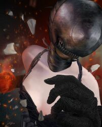  1girl apron artist_name black_apron black_gloves bomb_devil_(chainsaw_man) breasts chainsaw_man commentary cotogno debris dynamite explosive gloves highres incoming_attack incoming_punch punching small_breasts solo teeth 