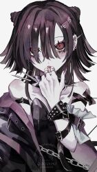  1girl arm_belt arm_ribbon bare_shoulders belt black_belt black_collar black_jacket black_shirt bow brown_bow brown_hair brown_ribbon chain chain_earrings collar double_bun eyelashes eyes_visible_through_hair fingernails frills hair_bun hair_intakes hair_ornament hair_over_one_eye hairclip hand_on_own_chin hand_up heart heart-shaped_pupils highres jacket jagged_sclera jewelry long_fingernails off-shoulder_jacket off_shoulder open_mouth original paperclip pink_nails red_eyes ribbon ring satoinu111 screentones shirt simple_background solo spiked_collar spiked_ear_piercing spikes strapless strapless_shirt symbol-shaped_pupils upper_body watermark white_background wrist_belt 