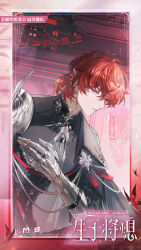  1boy aiguillette armor belt belt_buckle belt_collar black_belt black_cape black_jacket border bowing buckle bug butterfly cape center_frills chandelier character_name chinese_commentary chinese_text closed_mouth collar collared_cape commentary_request ear_covers earrings english_text expressionless frills fur_collar gauntlets gem gradient_border hair_between_eyes hand_on_own_chest highres indoors jacket jewelry knight laser_(maoer_entertainment) looking_at_viewer low_ponytail male_focus official_art ponytail red_border red_butterfly red_gem red_hair red_ribbon ribbon short_hair shoulder_armor sideways_glance silver_trim solo tassel thigh_belt thigh_strap upper_body violet_eyes white_border xia_yuyang 