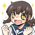  1girl blush brown_hair clenched_hand fubuki_(kantai_collection) kantai_collection lowres open_mouth rebecca_(keinelove) short_hair smile sparkle sparkling_eyes yellow_eyes 