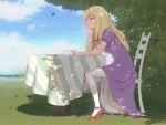  1girl chair chin_rest clouds cup dappled_sunlight highres maredoro no_hat pantyhose saucer sitting sky solo table teacup touhou violet_eyes white_legwear yakumo_yukari 