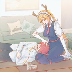  2girls beer_can black_pants blonde_hair blue_dress can collared_shirt commentary_request couch dragon_horns dress drink_can gloves highres horns indoors kobayashi-san_chi_no_maidragon kobayashi_(maidragon) lap_pillow long_hair lying maid_headdress multiple_girls necktie on_back orange_eyes pants pillow ponytail puffy_sleeves red_hair red_necktie semi-rimless_eyewear shirt tohru_(maidragon) twintails white_gloves white_shirt yato_(alphonse59) yellow_necktie 