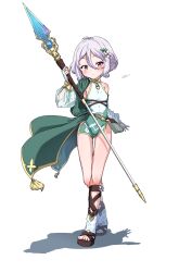  1girl absurdres blush breasts commentary_request detached_sleeves dress elf enikuma flower full_body gladiator_sandals grey_hair hair_flower hair_ornament highres holding holding_staff kokkoro_(princess_connect!) looking_at_viewer pointy_ears princess_connect! red_eyes sandals see-through_clothes see-through_sleeves short_dress short_hair small_breasts smile solo staff thigh_gap 