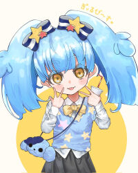  1girl :3 animal_bag black_skirt blue_bow blue_hair blue_sweater_vest blunt_bangs blush bow bowtie character_bag child collared_shirt commentary corrupted_file cowboy_shot crossbody_bag cup drink drinking_straw gyaru hair_bow hair_ornament highres holding holding_cup holding_drink hoshikawa_lily long_hair pesuka_(hogeeeer) print_sweater_vest romero_(zombie_land_saga) shirt skirt solo star_(symbol) star_hair_ornament star_print sweater_vest tongue tongue_out translation_request twintails v w white_shirt yellow_bow yellow_bowtie yellow_eyes zombie_land_saga 