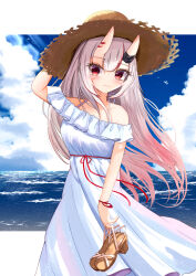  1girl absurdres adjusting_clothes adjusting_headwear alternate_costume arm_ribbon arm_up beach bird blue_sky blush border brown_shoes closed_mouth clouds collarbone commentary_request cowboy_shot crossed_bangs dress fang floating_clothes floating_hair gradient_hair hair_between_eyes halterneck hat high_heels highres holding holding_unworn_clothes hololive horns light_smile long_hair looking_at_viewer miaruri multicolored_hair nakiri_ayame ocean oni red_eyes red_hair red_ribbon ribbon sandals shoes skin_fang sky sleeveless sleeveless_dress solo straw_hat streaked_hair unworn_shoes virtual_youtuber waist_ribbon white_border white_dress white_hair 