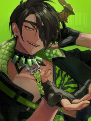  1boy amasita_uka aragami_oga aragami_oga_(1st_costume) beckoning black_choker black_gloves black_hair black_jacket choker collared_jacket dark-skinned_male dark_skin demon_horns earrings eyepatch gem gloves green_background green_eyes green_gem high_collar highres holostars horns jacket jewelry male_focus open_mouth partially_fingerless_gloves sharp_teeth short_hair single_horn solo teeth upper_body virtual_youtuber 