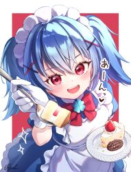  1girl :d alternate_costume apron blue_dress blue_hair bow bowtie cake colphne_(girls'_frontline_2) commentary_request dress enmaided food frilled_apron frilled_dress frills fumizuki_lily girls'_frontline_2:_exilium girls_frontline gloves hair_between_eyes hair_ornament hairclip hand_up happy highres holding holding_cake holding_food maid maid_apron maid_day maid_headdress medium_hair red_bow red_bowtie red_eyes smile solo teeth twintails upper_teeth_only white_apron white_gloves x_hair_ornament 