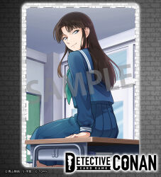  1girl black_hair blue_eyes blue_sailor_collar blue_shirt blue_skirt bulletin_board card_(medium) classroom closed_mouth copyright_logo copyright_notice desk from_behind green_neckerchief highres indoors koizumi_akako logo long_hair long_sleeves looking_back magic_kaito medium_skirt meitantei_conan meitantei_conan_card_game nagisa_mmm neckerchief official_art on_desk pleated_skirt sailor_collar sample_watermark school_desk school_uniform serafuku shirt sidelocks sitting skirt sliding_doors solo watermark winter_uniform 