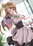  1girl ;d apron blush brown_hair gloves hair_ribbon highres long_hair looking_at_viewer love_live!_school_idol_project minami_kotori muto one_eye_closed open_mouth ribbon side_ponytail smile solo tray waitress white_gloves yellow_eyes 