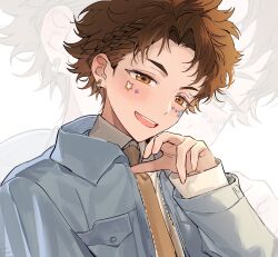  1boy blush braid brown_eyes brown_hair commentary eichi_turnr ensemble_stars! grey_jacket highres jacket korean_commentary long_sleeves looking_at_viewer male_focus open_clothes open_jacket open_mouth portrait short_hair side_braids smile solo star_(symbol) star_sticker sticker sticker_on_face teeth tenma_mitsuru upper_teeth_only 