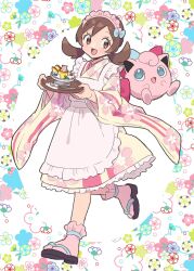  :d apron bow brown_eyes brown_hair food full_body hair_bow highres holding holding_tray japanese_clothes jigglypuff kimono long_sleeves lyra_(pokemon) lyra_(summer_2020)_(pokemon) maid maid_apron maid_headdress official_alternate_color official_alternate_costume open_mouth pink_bow pokemon pokemon_(creature) pokemon_masters_ex pudding pumpkinpan sandals short_hair smile tray twintails wa_maid walking wide_sleeves yellow_kimono yukata 