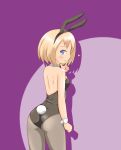  1girl a-ktoo bare_shoulders blonde_hair blue_eyes blush bunny_tail bunnysuit from_behind heart short_hair smile solo tail wrist_cuffs 