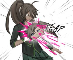  1boy 1girl ahoge arm_ribbon bandaid bandaid_on_face bandaid_on_nose blob blood blood_splatter blue_eyes brown_eyes brown_hair chibi collared_jacket danganronpa:_despair_time emphasis_lines english_text expressionless green_ribbon green_skirt green_trim grey_jacket hair_between_eyes hand_up high_ponytail jacket jumping levi_fontana long_hair parted_lips pink_blood ponytail ribbon simple_background single_sidelock skirt sleeve_rolled_up sound_effects spiky_hair surprised sweatdrop teruko_tawaki wcender white_background 