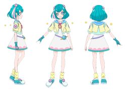  1girl aqua_eyes aqua_gloves aqua_hair aqua_shoes blue_sailor_collar closed_mouth dress fingerless_gloves full_body gloves hagoromo_lala heart jacket looking_at_viewer multicolored_hair official_art precure reference_sheet sailor_collar shoes short_hair smile socks solo standing star_(symbol) star_twinkle_precure streaked_hair transparent_background white_dress yellow_jacket yellow_socks 