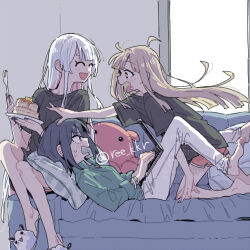  3girls ^_^ ahoge barefoot black_hair blonde_hair bracelet brown_eyes cho_kaguya-hime! closed_eyes colored_inner_hair commentary_request computer fushi_(cho_kaguya-hime!) jewelry kaguya_(cho_kaguya-hime!) laptop long_hair long_sleeves medium_hair multicolored_hair multiple_girls nail_polish open_mouth panties pants pillow pink_hair pink_shorts purple_nails ree_(re-19) runami_yachiyo sakayori_iroha shorts slippers underwear very_long_hair white_hair white_pants 