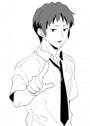  1boy :o breast_pocket collared_shirt greyscale highres ikuhashi_muiko index_finger_raised kita_high_school_uniform kyon lower_teeth_only male_focus monochrome necktie open_mouth pocket pointing pointing_at_viewer school_uniform shirt solo summer_uniform suzumiya_haruhi_no_yuuutsu sweatdrop teeth 