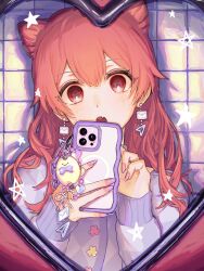  1girl :o alternate_hair_length_(longer) blush cellphone cellphone_charm charm_(object) chase_my_ideal_idol!_(project_sekai) checkered_clothes checkered_sweater commentary cone_hair_bun dot_nose double_bun earrings envelope_earrings fang fingernails hair_between_eyes hair_bun hands_up heart-shaped_mirror highres holding holding_phone indoors jewelry long_fingernails long_hair long_sleeves looking_at_viewer mirror_selfie momoi_airi nail_polish official_alternate_costume open_mouth phone pink_hair pink_nails project_sekai red_eyes selfie sidelocks skin_fang sleeves_past_wrists smartphone solo star_(symbol) sweater tile_wall tiles upper_body yngpeaceful 