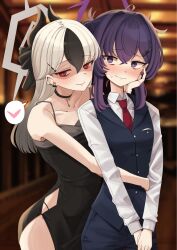  2girls arm_around_another's_waist black_choker black_dress black_hair black_horns black_pants black_vest blue_archive blurry blurry_background blush breasts choker collarbone collared_shirt coralreef966 demon_horns dress ear_piercing embarrassed grey_halo hair_between_eyes halo hand_on_another's_face haruka_(blue_archive) haruka_(suit)_(blue_archive) heart highres horns hug hug_from_behind indoors kayoko_(blue_archive) kayoko_(dress)_(blue_archive) long_hair long_sleeves looking_at_viewer mole mole_on_neck multicolored_hair multiple_girls necktie official_alternate_costume pants piercing purple_hair purple_halo red_eyes red_necktie shirt spoken_heart studded_choker sweatdrop two-tone_hair v_arms vest violet_eyes wavy_mouth white_hair white_shirt yuri 
