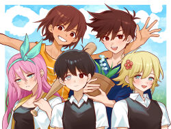  1girl 4boys alternate_color alternate_eye_color antenna_hair aubrey_(faraway)_(omori) aubrey_(omori) baseball_bat basil_(faraway)_(omori) basil_(omori) black_sweater_vest blonde_hair blue_eyes blue_hairband blue_sweater blush breasts bright_pupils brothers brown_eyes brown_hair closed_mouth collared_shirt commentary dark-skinned_female dark-skinned_male dark_skin double-parted_bangs english_commentary flower flower_pot grey_eyes grin hair_between_eyes hair_flower hair_ornament hairband hero_(faraway)_(omori) hero_(omori) heterochromia highres holding holding_baseball_bat holding_flower_pot jacket kel_(faraway)_(omori) kel_(omori) lily_of_the_valley long_hair long_sleeves looking_at_viewer momonga_damon multiple_boys omori open_mouth parted_lips pink_hair plant potted_plant shirt short-sleeved_jacket short_hair short_sleeves siblings sidelocks small_breasts smile spoilers sunny_(omori) sweater sweater_vest teeth upper_teeth_only white_jacket white_pupils white_shirt 