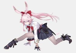  1girl absurdres animal_ears asymmetrical_gloves asymmetrical_sleeves bow bowtie commentary_request evanescia_(honkai:_star_rail) flower gloves grey_pantyhose hair_flower hair_ornament high_heels highres honkai:_star_rail honkai_(series) korean_commentary ll_0109 long_hair mismatched_gloves pantyhose pink_hair pleated_skirt ponytail red_bow red_bowtie ruler skirt thigh_strap violet_eyes 