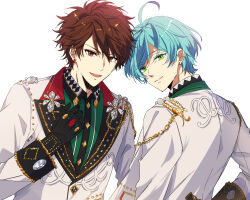  2boys absurdres ahoge black_gloves blue_hair brown_eyes brown_hair buttons call_your_name!!_(ensemble_stars!) closed_mouth collared_shirt commentary_request diamond_(shape) earrings ensemble_stars! gem gloves green_eyes hand_up highres jewelry lapels layered_clothes long_sleeves looking_at_viewer male_focus morisawa_chiaki multiple_boys official_alternate_costume open_mouth shinkai_kanata shirt short_hair simple_background split_mouth upper_body usui_(usui_koi) white_background wing_collar 
