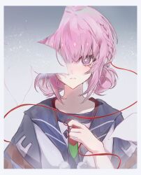  1girl blue_hood blush border braid closed_mouth commentary_request double_bun grey_border hair_bun highres kaf_(kamitsubaki_studio) kamitsubaki_studio looking_at_viewer medium_hair multicolored_shirt one_eye_covered parted_lips pink_hair pom_pom_(clothes) red_ribbon ribbon shirt solo violet_eyes virtual_youtuber white_shirt yellow_pupils yi_fan_xing 