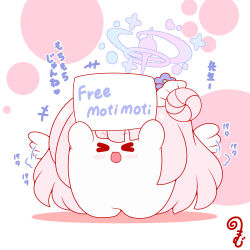  >_< +++ :d afterimage arms_up blue_archive blue_flower blush closed_eyes colored_shadow english_text feathered_wings flower hair_bun halo highres holding holding_sign kurukurumagical long_hair mika_(blue_archive) pink_hair shadow sign single_side_bun smile solo standing translation_request very_long_hair white_background white_wings wings xd 