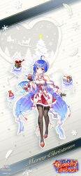  1girl absurdres ahoge baizu_(guszx) bare_shoulders black_gloves black_thighhighs blue_hair blush box breasts christmas_present closed_mouth detached_sleeves dress full_body gift gift_box gloves hair_intakes hair_ornament hairclip halterneck hat high_heels highres holding holding_box jellyfish jitome long_hair looking_at_viewer merry_christmas noa_(shironeko_project) official_art official_wallpaper red_eyes red_skirt shironeko_project side_ponytail skirt sleeveless sleeveless_dress smile solo standing thigh-highs very_long_hair white_hat 