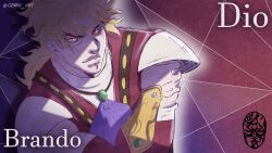  1boy alternate_costume armor ascot blonde_hair bracer character_name commentary crossed_arms detached_sleeves dio_brando english_commentary genda_art glowing glowing_eyes highres jojo_no_kimyou_na_bouken long_hair male_focus orange_eyes phantom_blood purple_ascot red_shirt red_sleeves shirt shoulder_armor solo stone_mask_(jojo) suspenders twitter_username vampire white_shirt 